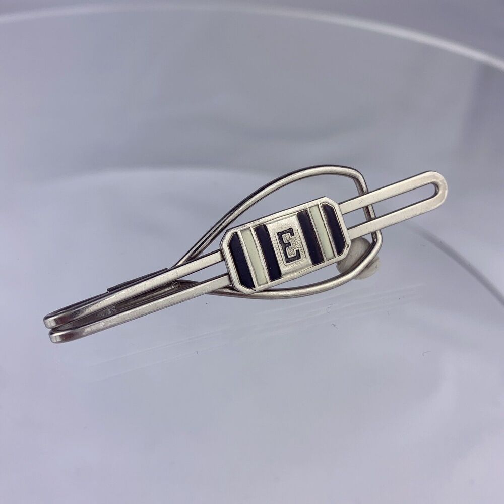 E Initial Silver Tone Tie Clip Bar White Black Enamel Retro Vintage O1